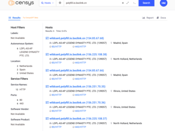 Censys detected 384,773 hosts still embedding a polyfill JS script linking to the malicious domain